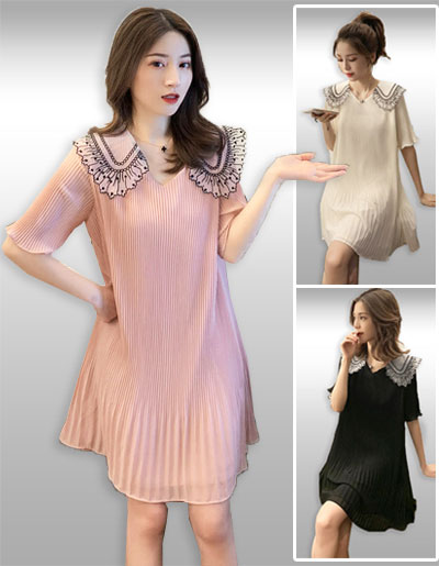 ชุดเดรสแฟชั่นทรงพลีทแบบสวยหวานสไตล์เกาหลี มี3สี รหัส 2118