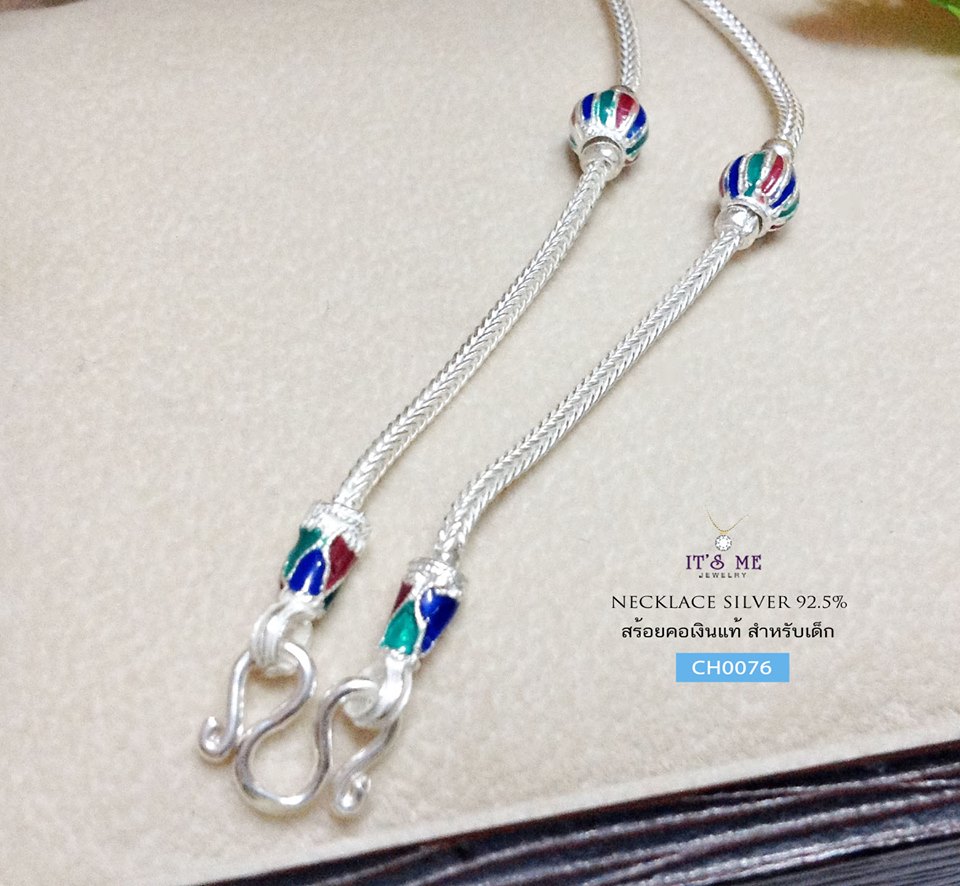 สร้อยคอเงินแท้สำหรับเด็ก ลายสี่เสา ลงยาตรงกลาง สีเขียว น้ำเงิน แดง(งานไทย)