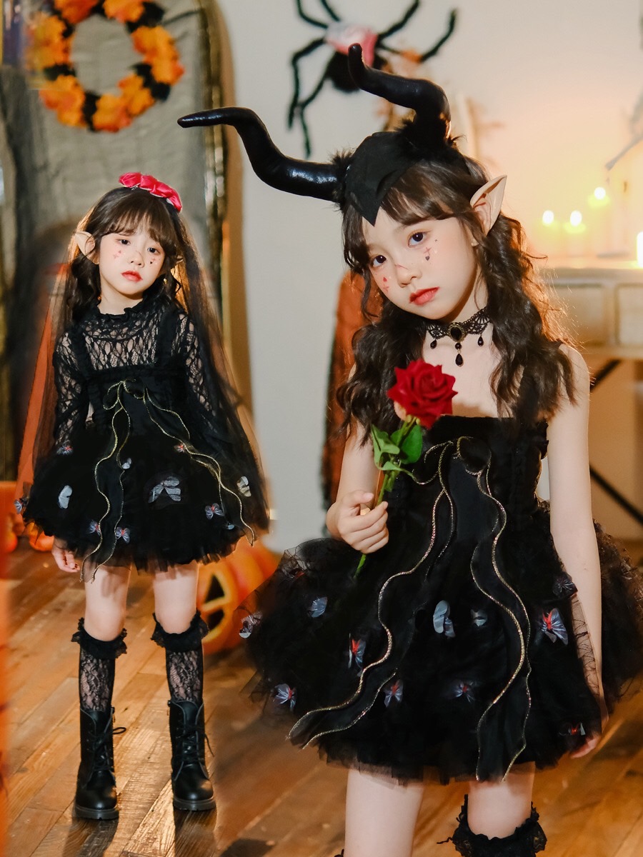 friendly4kid พร้อมส่ง ชุดฮาโลวีน ชุดเดรสหนัง แม่มด ปีศาจ สีดำ