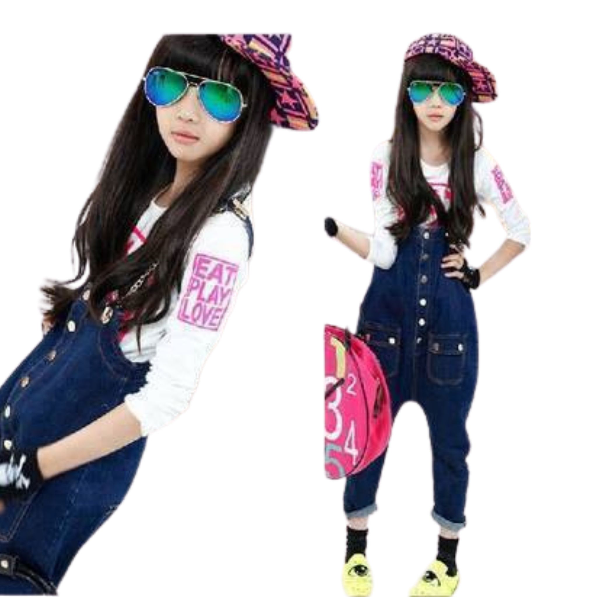 พร้อมส่ง ชุดเด็ก ชุดเซ็ต เดรสแขนยาว+เอี้ยมยีนส์ เอี๊ยมเด็ก