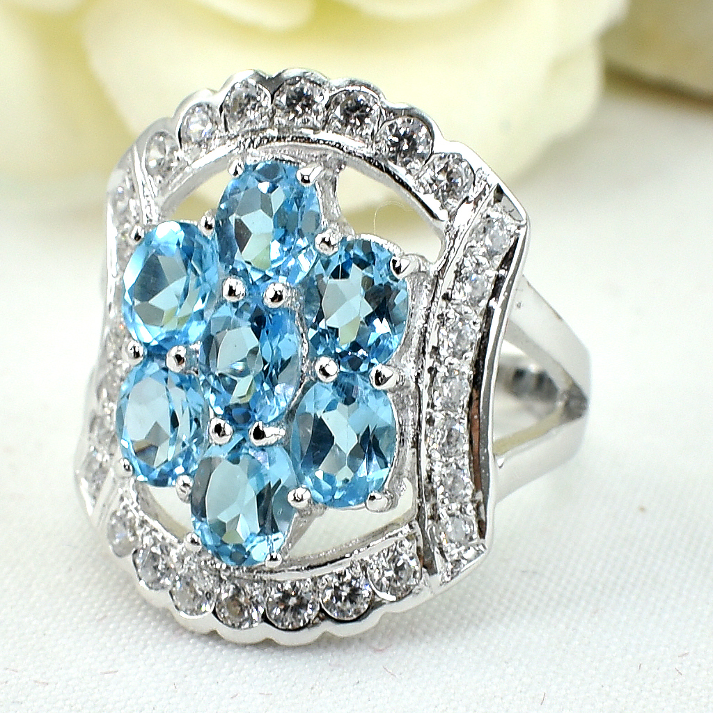 แหวนเงินแท้ราคาถูกชุบทองคำขาว สวิสบลูโทปาซแท้ 3.50 กะรัต เพชรCZ 0.28 กะรัต งานประณีตสวยงาม สั่งผลิตค่ะ