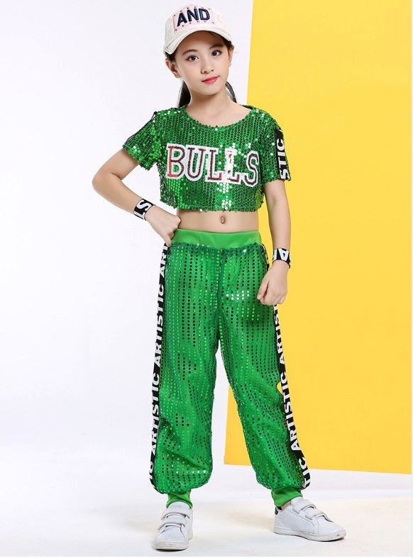 ชุดเต้น ฮิปฮอปเสื้อแขนสั้น ปักเลื่อม ขายาว