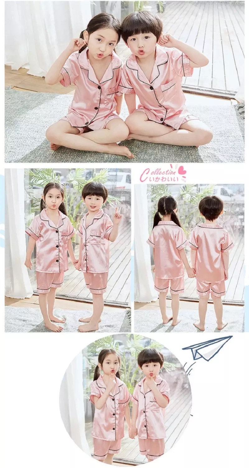 พร้อมส่ง ชุดนอนเด็ก ชุดนอนซาติ เซ็ท2ชิ้น เสื้อแขนสั้น+กางเกงขาสั้น