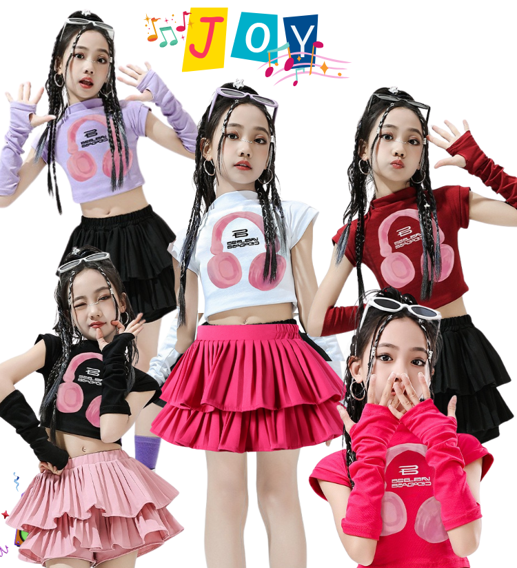 พร้อมส่ง ชุดเต้นเด็ก เสื้อหูฟัง พร้อมปลอกแขน /กระโปรงอัดพลีท
