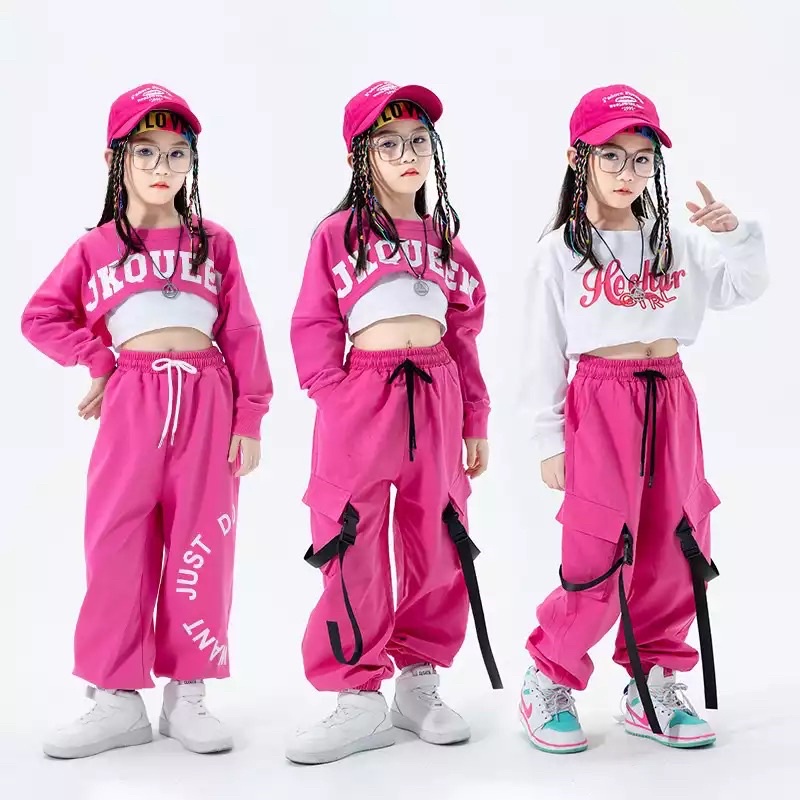 พร้อมส่ง ชุดเต้น ชุดฮิปฮอป เสื้อครอป สีชมพู หวาน
