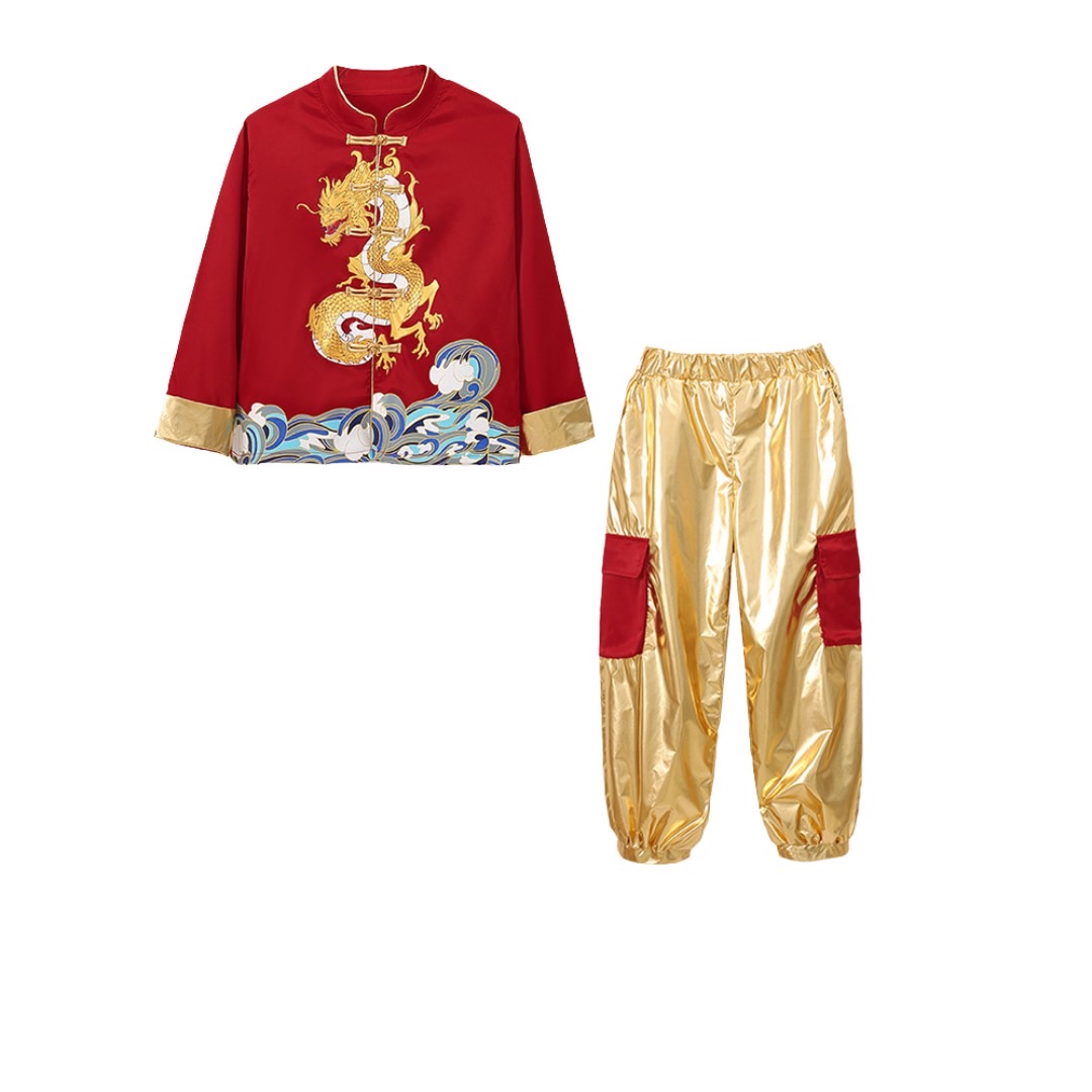 พร้อมส่ง ชุดตรุษจีน กี่เพ้า เสื้อคอจีนแขนยาวสีแดงลายมังกร+กระโปรง กางเกงขายาว สีทอง
