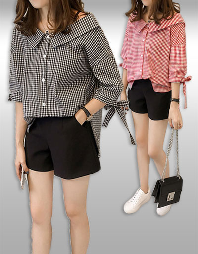 เสื้อแฟชั่นแต่งลายสก็อตน่ารักสไตล์เกาหลี มี2สี รหัส2289