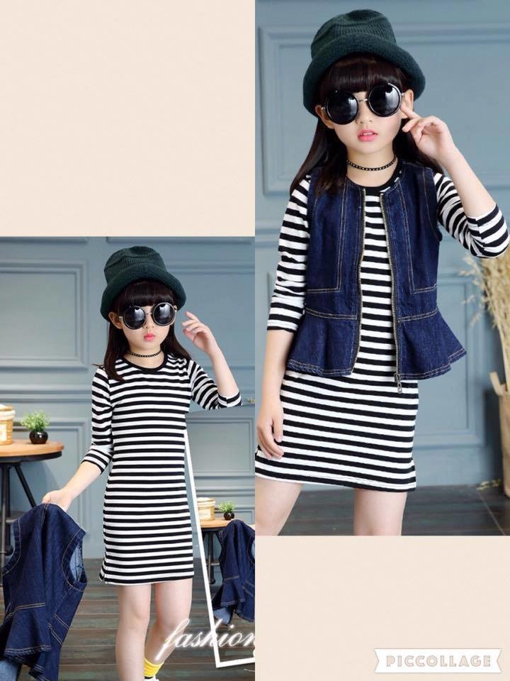 ชุดเด็ก : เดรสแขนยาวสีดำ+เสื้อกั๊กยีนส์