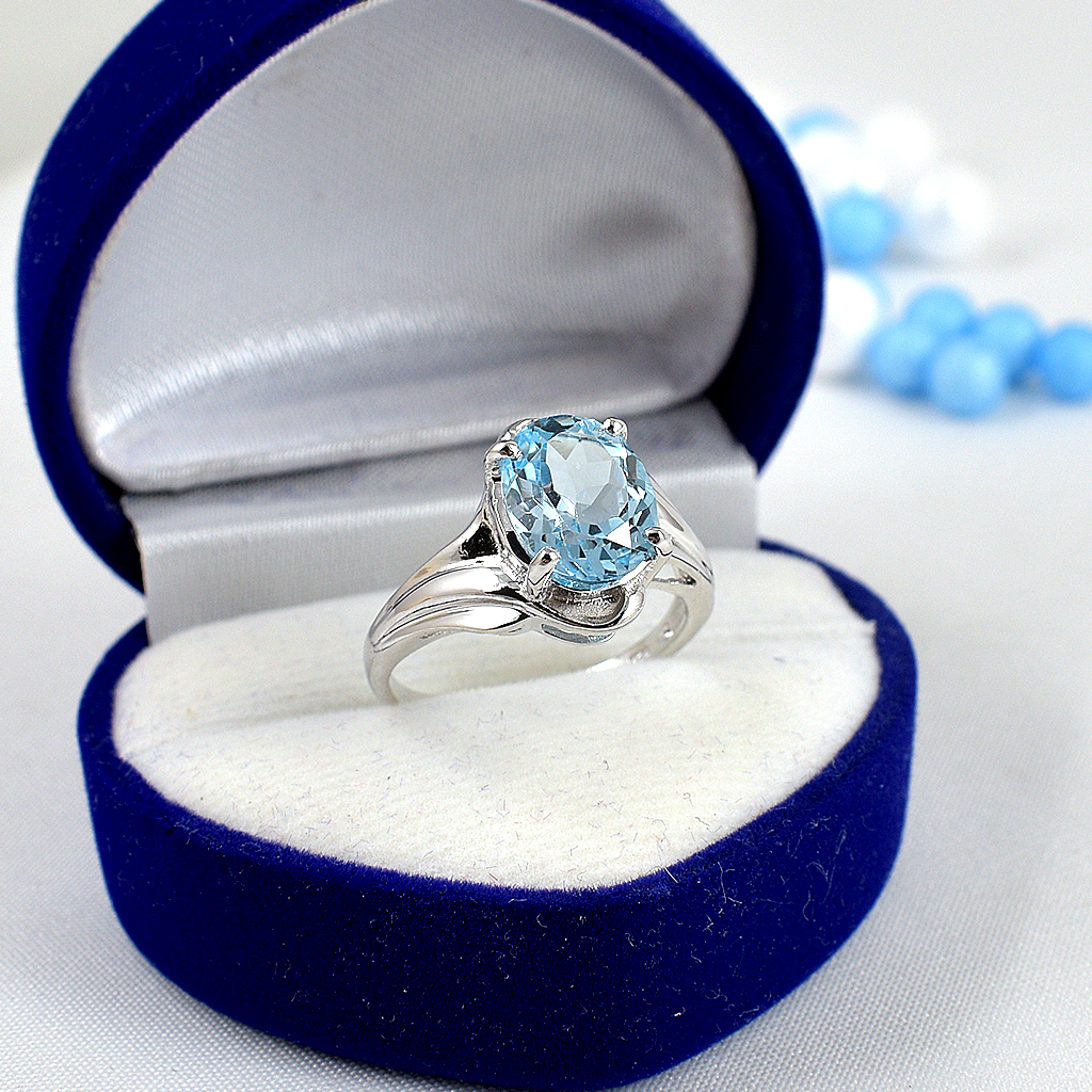 แหวนเงินแท้ราคาถูกชุบทองคำขาว สกายบลูโทปาซแท้ 3.35 กะรัต งานประณีตสวยงาม สั่งผลิตค่ะ