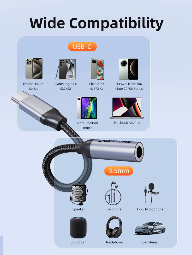 USB Type C To 3.5 MM Audio Aux Jack Adapter with DAC by Cabletime