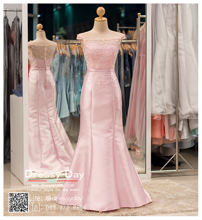 รหัส ชุดราตรียาว : PF086 ชุดแซก ชุดราตรี after party แบบเปิดไหล่สีชมพู ประดับมุก ชุดยาวสุดหรูเหมาะใส่ออกงานกลางคืน งานแต่งงาน