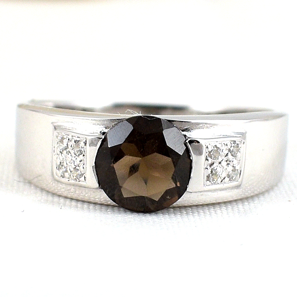 แหวนเงินแท้ราคาถูกชุบทองคำขาว พลอยแท้สโมกกี้ควอทซ์ 1.0 กะรัต เพชรCZ 0.056 กะรัต งานประณีตสวยงาม สั่งผลิตค่ะ