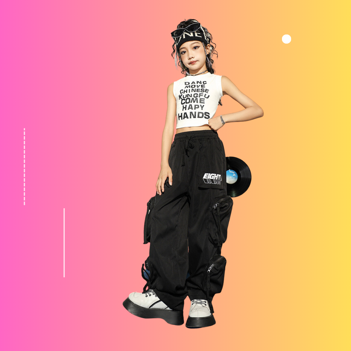 ชุดเต้น ชุดเชียร์ เสื้อเอวลอยสีขาว ดำ+กางเกงคาร์โก้