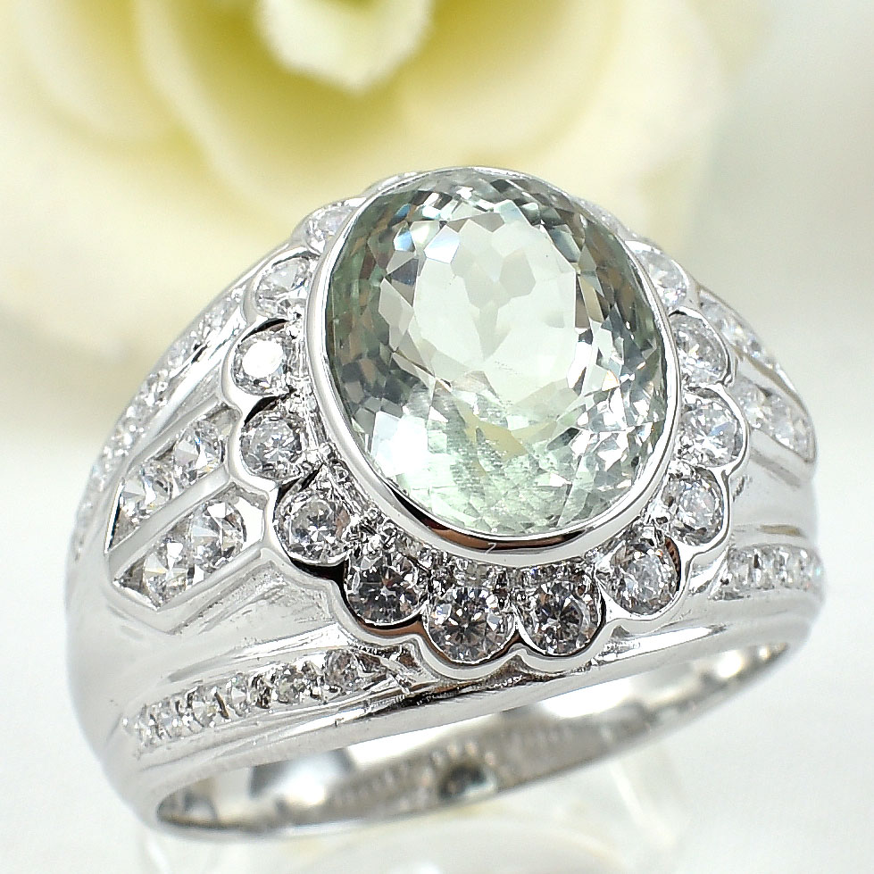 แหวนเงินแท้ราคาถูกชุบทองคำขาว กรีนแอมิทิสต์แท้ 4.80 กะรัต เพชรCZ 1.20 กะรัต งานประณีตสวยงาม สั่งผลิตค่ะ