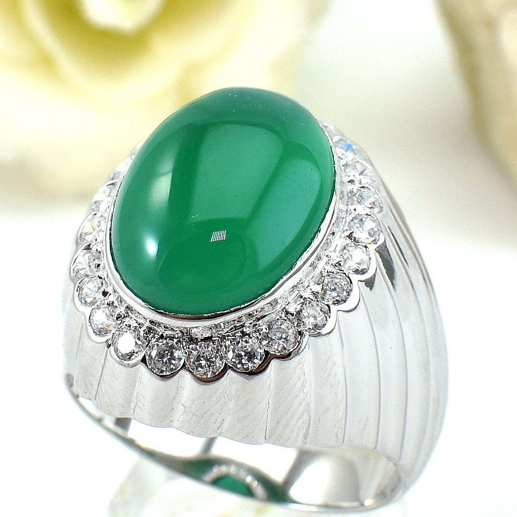 แหวนเงินแท้ราคาถูกชุบทองคำขาว พลอยแท้กรีนอะเกท 11.50 กะรัต เพชรCZ 0.72 กะรัต งานประณีตสวยงาม สั่งผลิตค่ะ