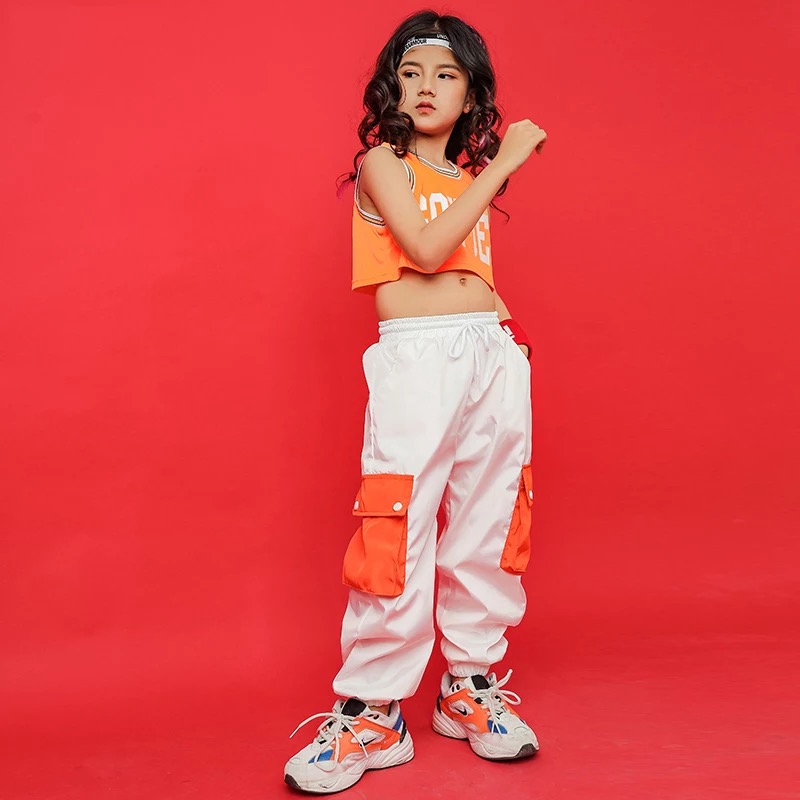 ชุดเต้น แดนซ์ เสื้อส้ม+กางเกงสีขาว