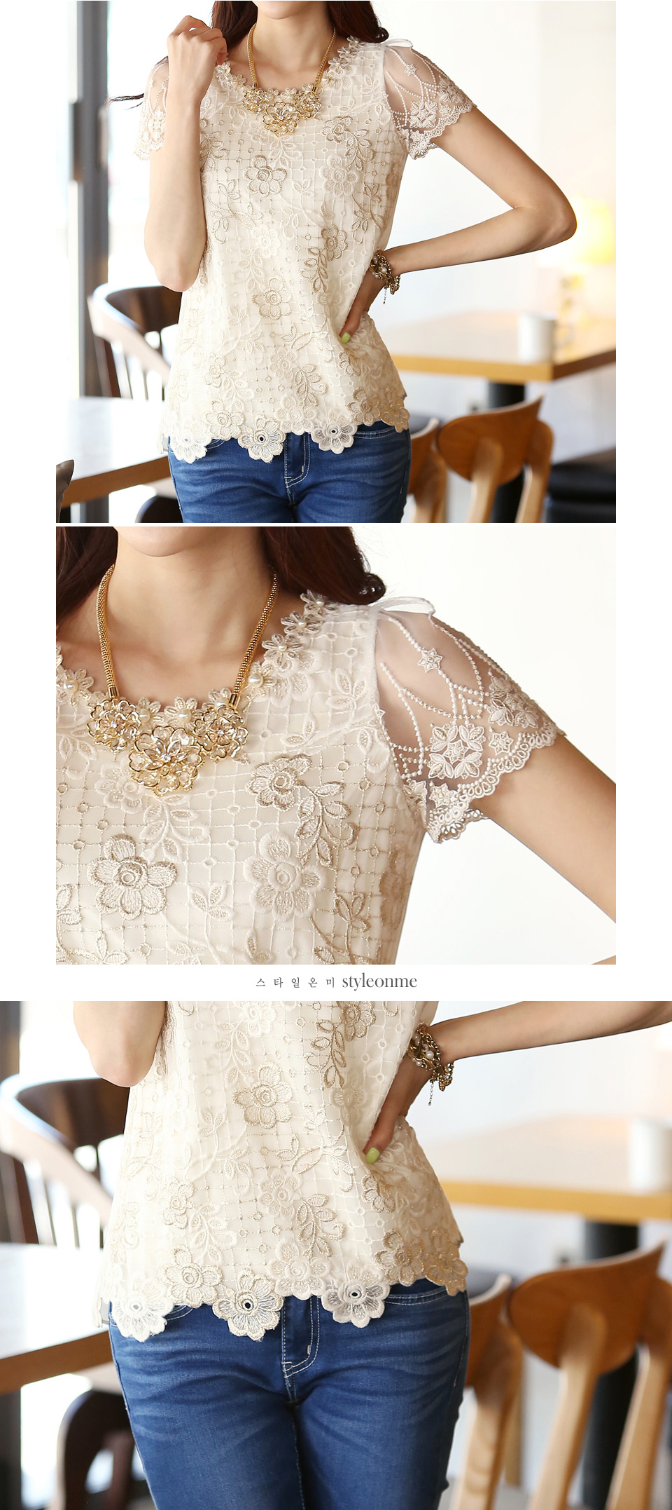 เสื้อแฟชั่น แขนสั้น ปักมุกที่คอเสื้อ ด้านหน้าและแขนเสื้อเป็นผ้าซีทรูปักด้วยด้ายทองสลับขาวลายดอกไม้