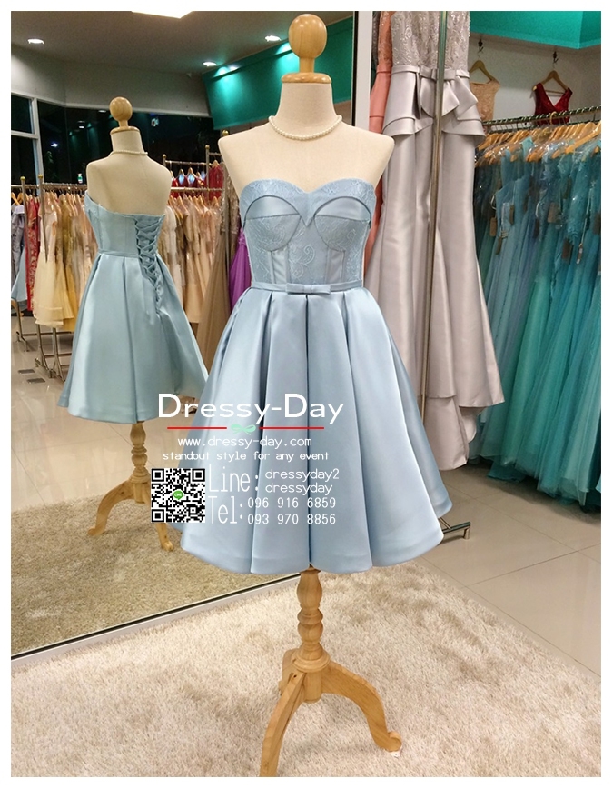 รหัส ชุดราตรียาว :PF047 ชุดราตรีสั้น เดรสออกงาน ชุดไปงานแต่งงาน ชุดแซก สีฟ้า เกาะอก เหมาะสำหรับงานแต่งงาน งานกลางคืน กาล่าดินเนอร์