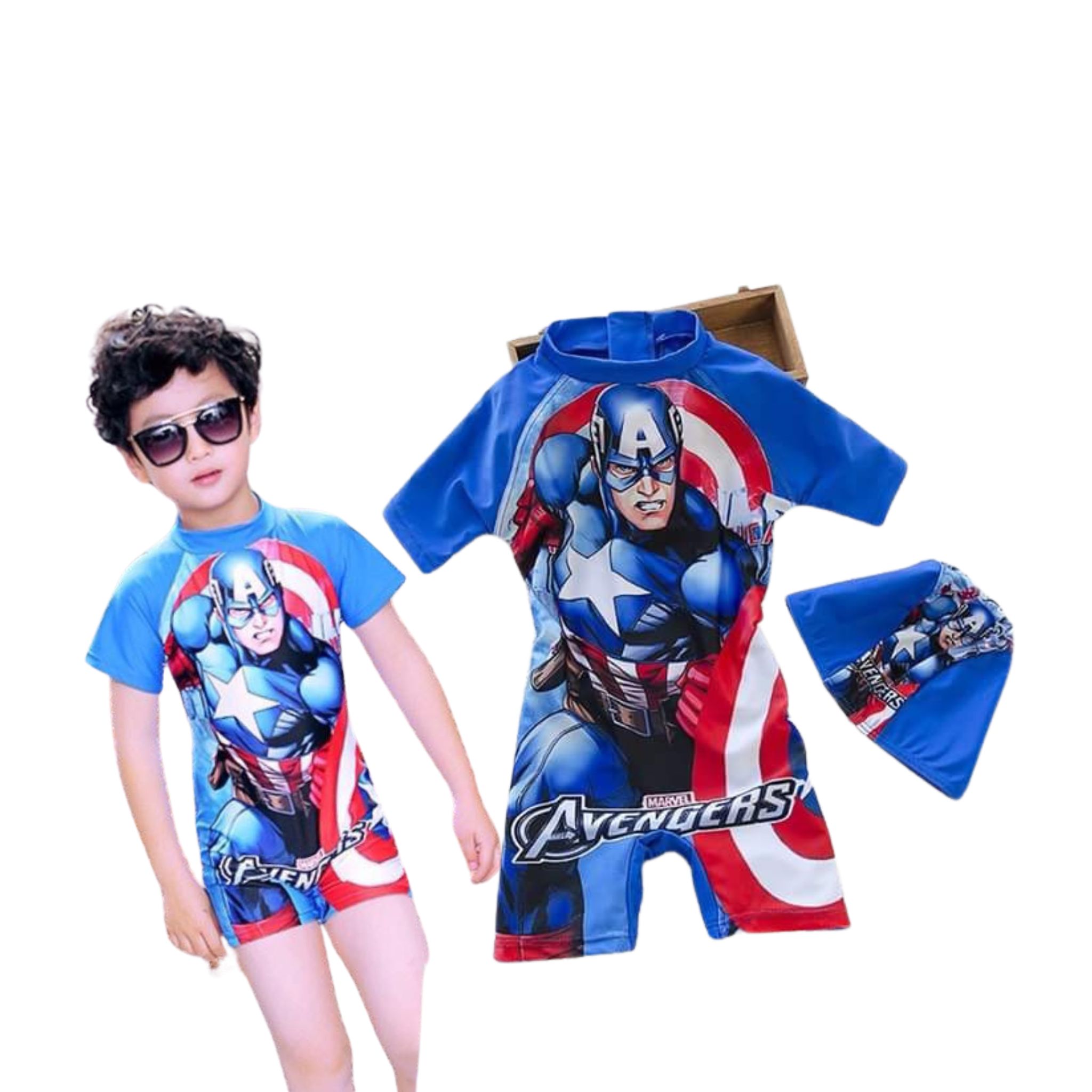 **พร้อมส่ง ชุดว่ายน้ำ สำหรับเด็กชาย บอดี้สูท เซ็ตเสื้อ+กางเกง+หมวก รวมฮีโร่