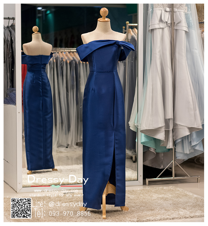 รหัส ชุดราตรียาวคนอ้วน : PK012 ชุดแซก ชุดราตรียาวมีแขน หรู สีน้ำเงิน ไหล่ปาด ผ้าไหม เรียบหรู เหมาะสำหรับงานแต่งงาน งานกลางคืน กาล่าดินเนอร์