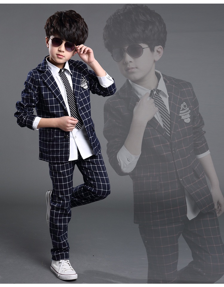 ชุดเซ็ตสูท เสื้อนอก+กางเกงขายาว ลายสก็อต สีแดง สีขาว