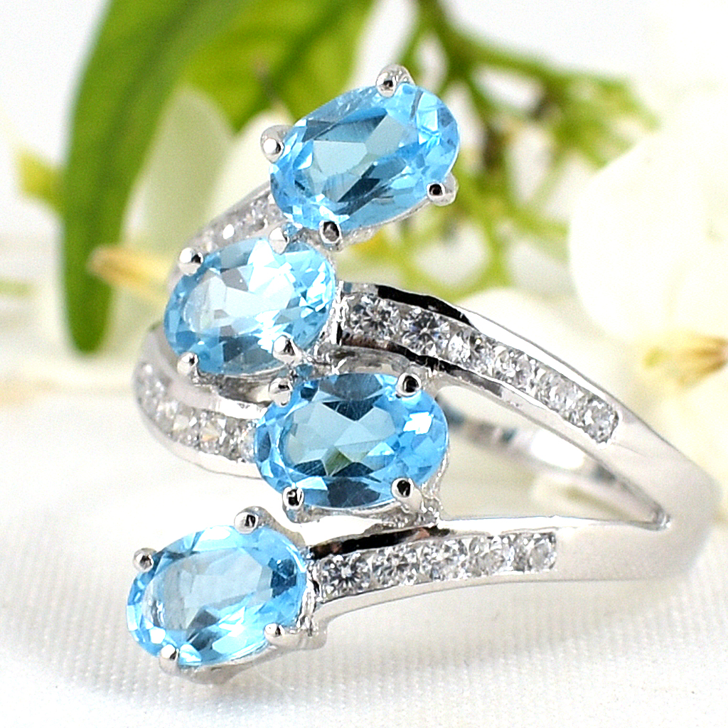 แหวนเงินแท้ราคาถูกชุบทองคำขาว สวิสบลูโทปาซแท้ 2.20 กะรัต เพชรCZ 0.33 กะรัต งานประณีตสวยงาม สั่งผลิตค่ะ