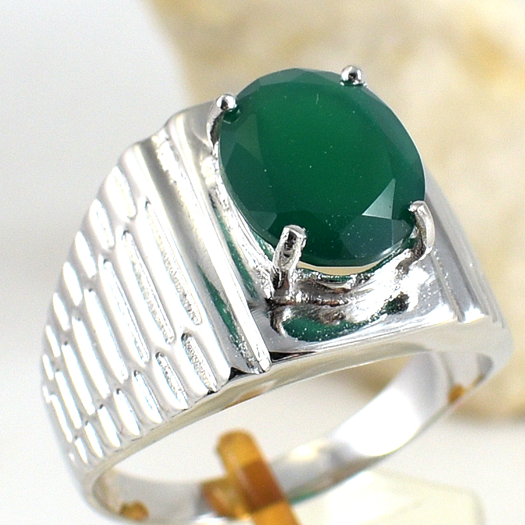 แหวนเงินแท้ราคาถูกชุบทองคำขาว พลอยแท้กรีนอะเกท 3.15 กะรัต งานประณีตสวยงาม สั่งผลิตค่ะ