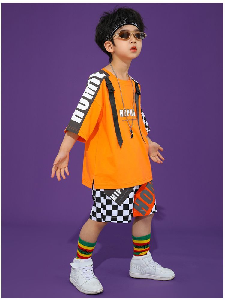 พร้อมส่ง ชุดเต้น ชุดเชียร์เด็ก เซ็ตสีส้ม ลายสก๊อต สีส้ม ชุดกีฬา สปอร์ต