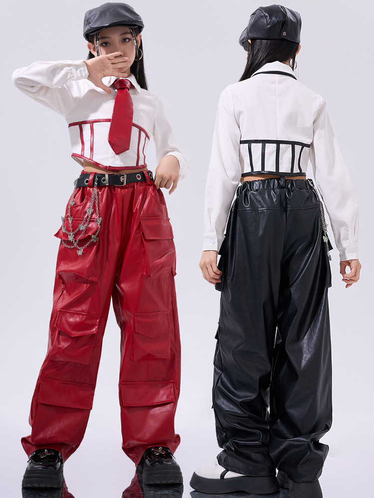 พร้อมส่ง ชุดเต้น เซ็ต เสื้อ+กางเกงขายาว คาร์โก้ หนัง สไตล์ Y2K