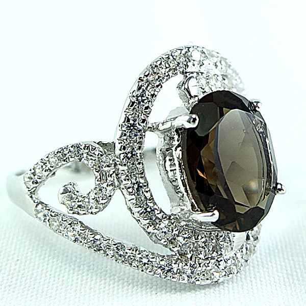 แหวนเงินแท้ราคาถูกชุบทองคำขาว พลอยแท้สโมกกี้ควอทซ์ 3.15 กะรัต เพชรCZ 0.74 กะรัต งานประณีตสวยงาม สั่งผลิตค่ะ