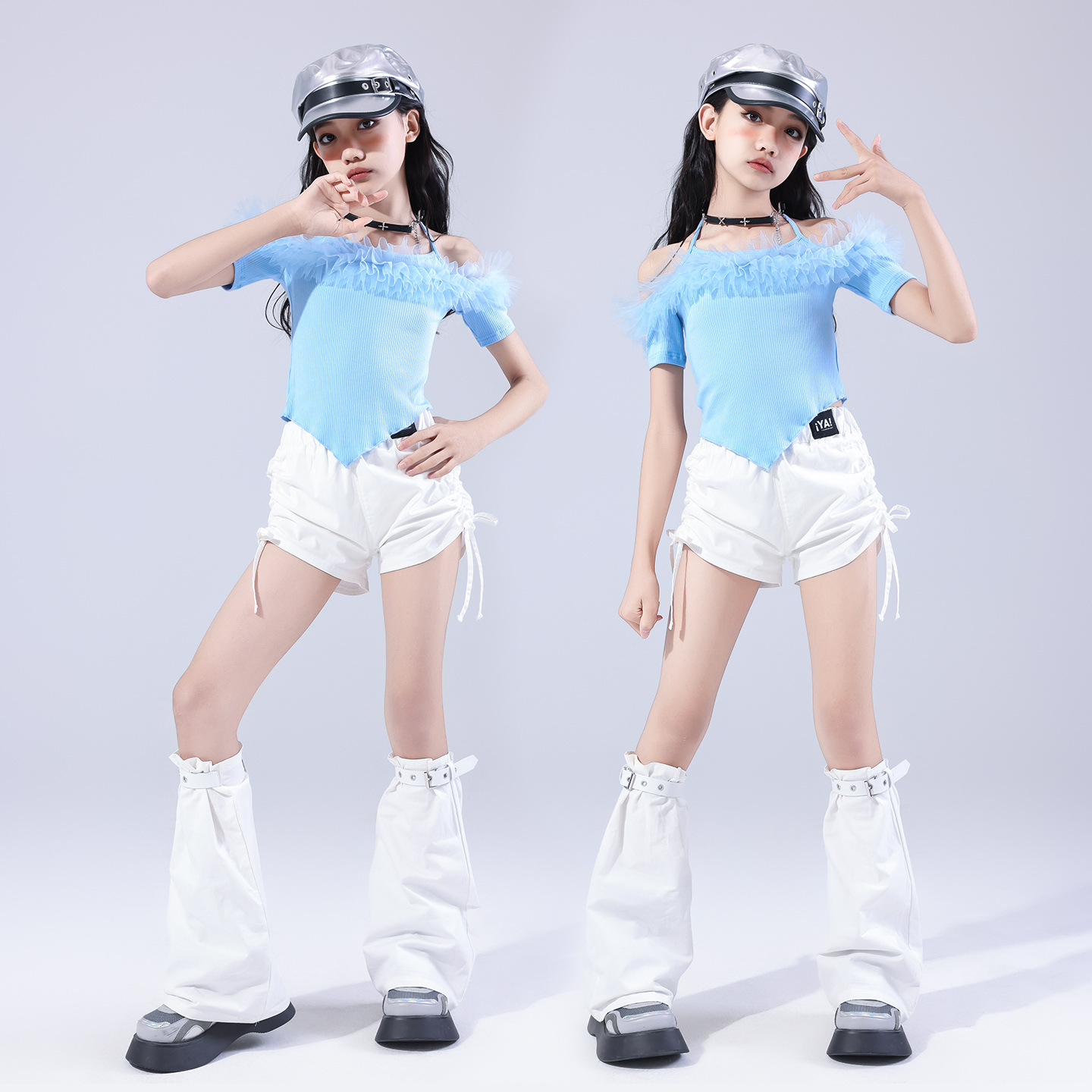 พร้อมส่ง ชุดเต้นเด็กผู้หญิง แฟชั่นเกาหลี สีฟ้าขาว สไตล์ K-pop ฮิปฮอป แขนเปิดไหล่ + กางเกงขาสั้น พร้อมปลอกขา