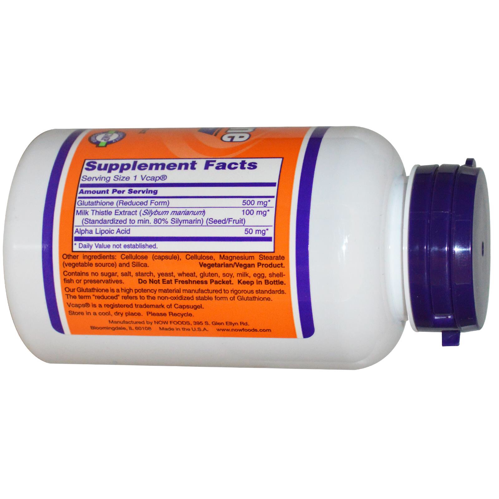 Now Foods, Glutathione Reduced Form 500 mg, 60 Vcaps+Milk Thistle Extract & Alpha Lipoic Acid ช่วยต้านอนุมูลอิสระ ขจัดสารพิษออกจากตับและยับยั้งการสร้างเมลานินทำให้ผิวขาว