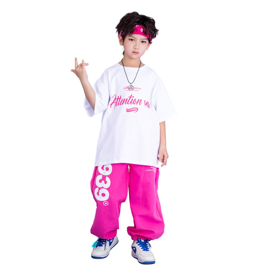 friendly4kid พร้อมส่ง ชุดเต้น ชุดแดนซ์ เสื้อสีขาว+กางเกงขายาว/กระโปรง สีชมพู