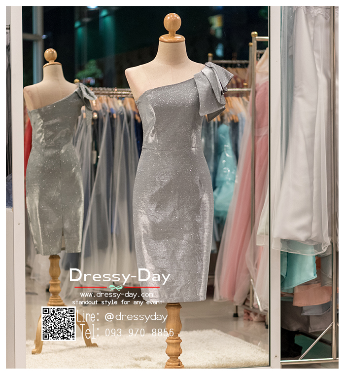 รหัส ชุดราตรีสั้น :PK015 ชุดแซก ชุดราตรี ไหล่เฉียง เรียบหรูเหมาะใส่ออกงานกลางคืน งานคอกเทล สีเทา