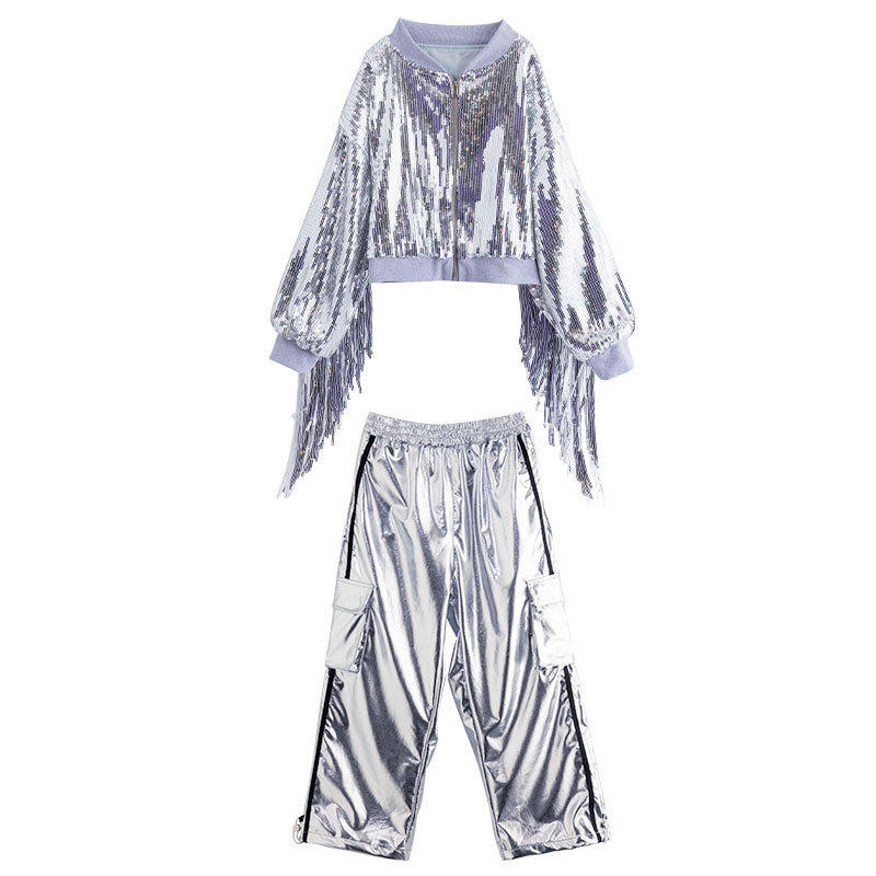 ชุดเต้น ชุดแดนซ์ เสื้อแขนกุดสีเงินปักเลื่อม+กระโปรงสีดำ