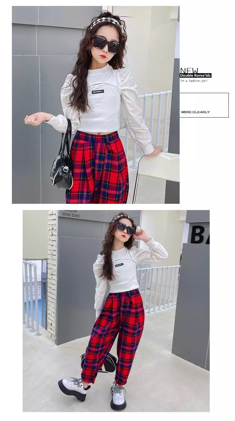 ชุดเต้น แดนซ์เสื้อแขนยาวสีขาว+กางเกงลายสก๊อต สีแดง