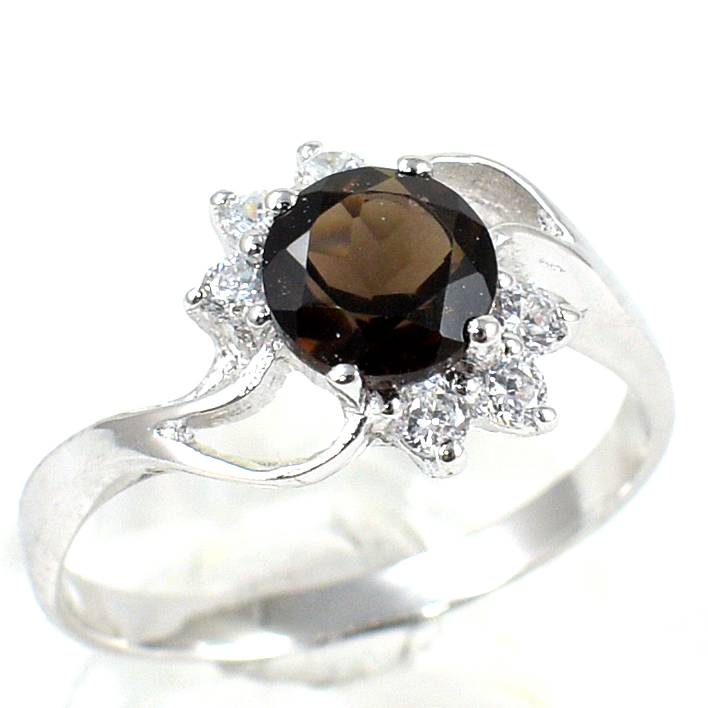 แหวนเงินแท้ราคาถูกชุบทองคำขาว พลอยแท้สโมกกี้ควอทซ์ 0.95 กะรัต เพชรCZ 0.18 กะรัต งานประณีตสวยงาม สั่งผลิตค่ะ