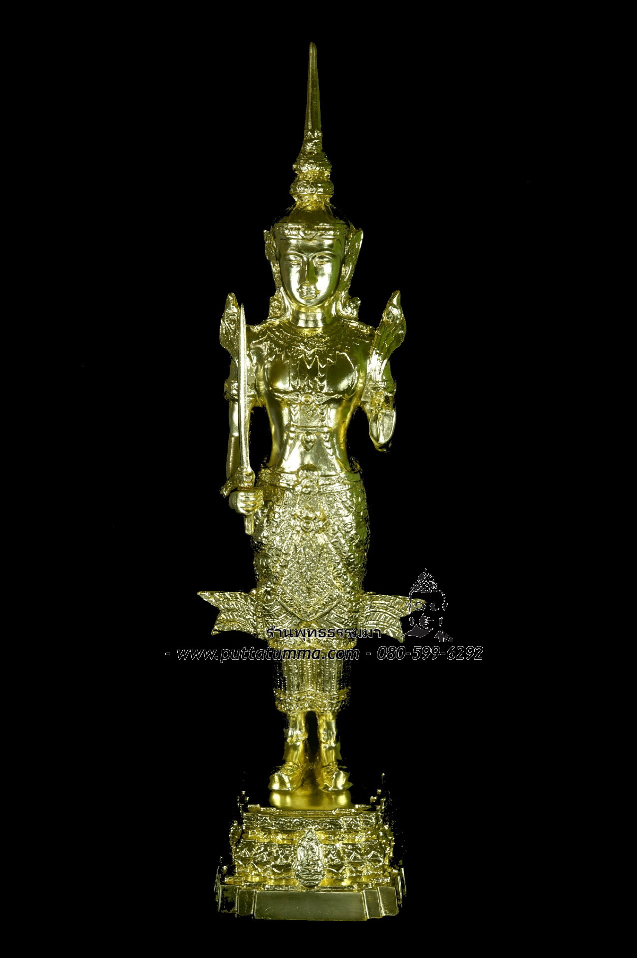 พระสยามเทวาธิราช เนื้อโลหะ ปิดทองแท้ทั้งองค์ ขนาด 5 นิ้ว สูง 15 นิ้ว