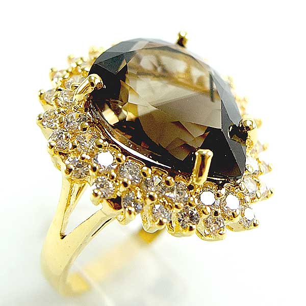 แหวนเงินแท้ราคาถูกชุบทองคำขาว พลอยแท้สโมกกี้ควอทซ์ 8.80 กะรัต เพชรCZ 0.805 กะรัต งานประณีตสวยงาม สั่งผลิตค่ะ