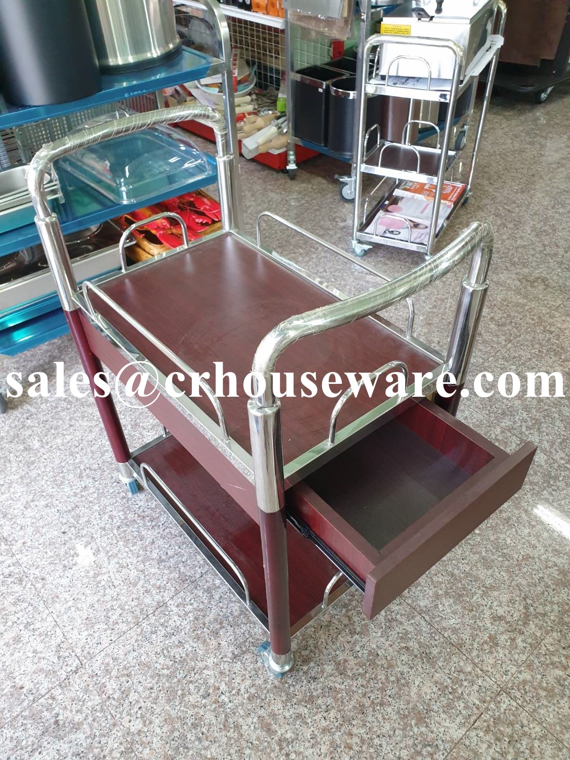 รถเข็นไม้+สแตนเลส 2 ชั้น เปิดลิ้นชัก 1 ด้าน 002-STK-AC-80