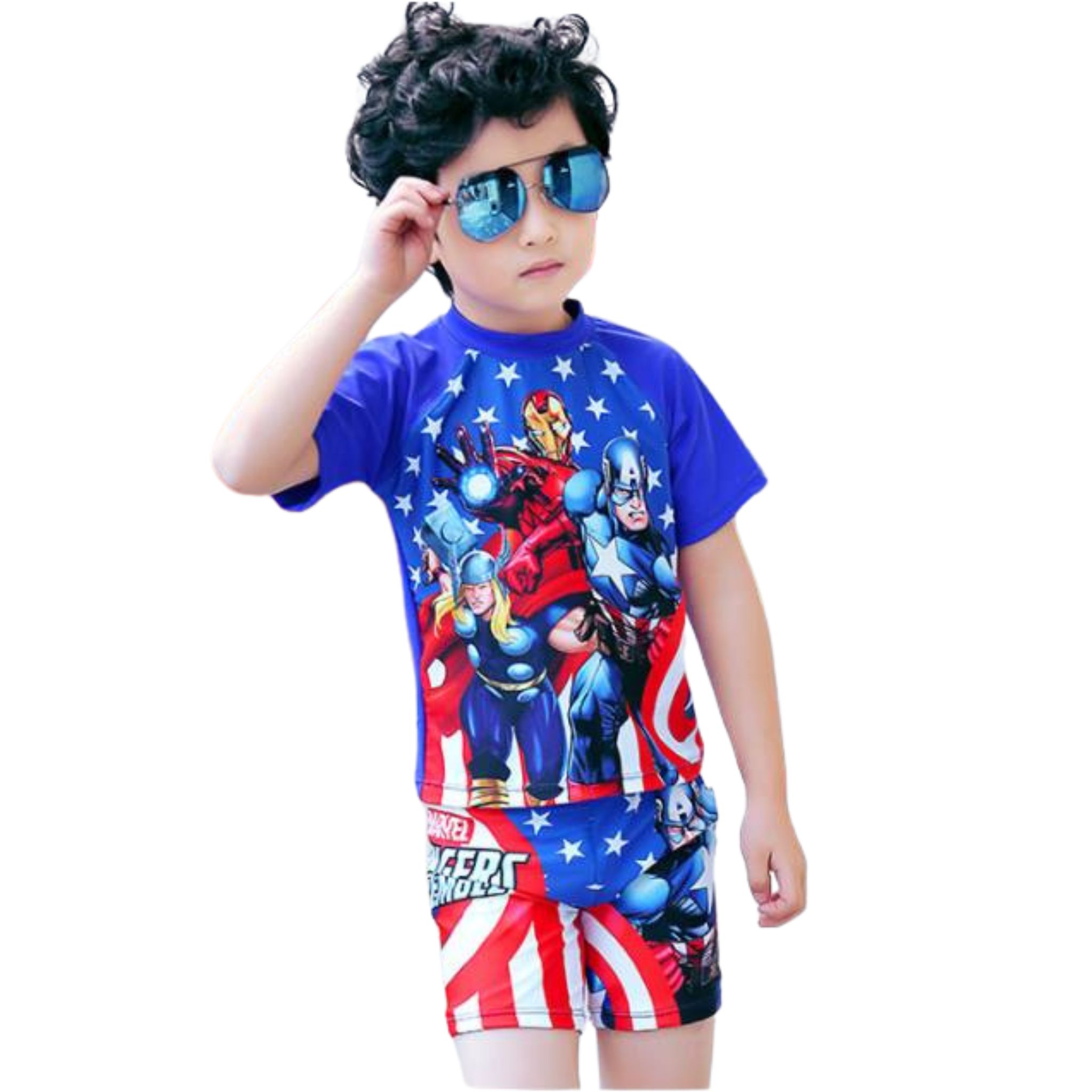 **พร้อมส่ง ชุดว่ายน้ำ สำหรับเด็กชาย บอดี้สูท เซ็ตเสื้อ+กางเกง+หมวก รวมฮีโร่