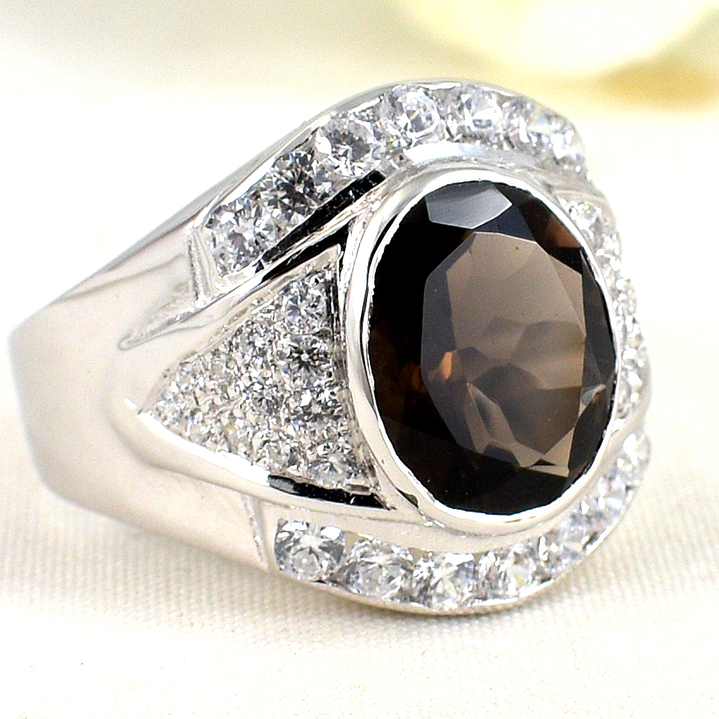 แหวนเงินแท้ราคาถูกชุบทองคำขาว พลอยแท้สโมกกี้ควอทซ์ 4.80 กะรัต เพชรCZ 1.38 กะรัต งานประณีตสวยงาม สั่งผลิตค่ะ
