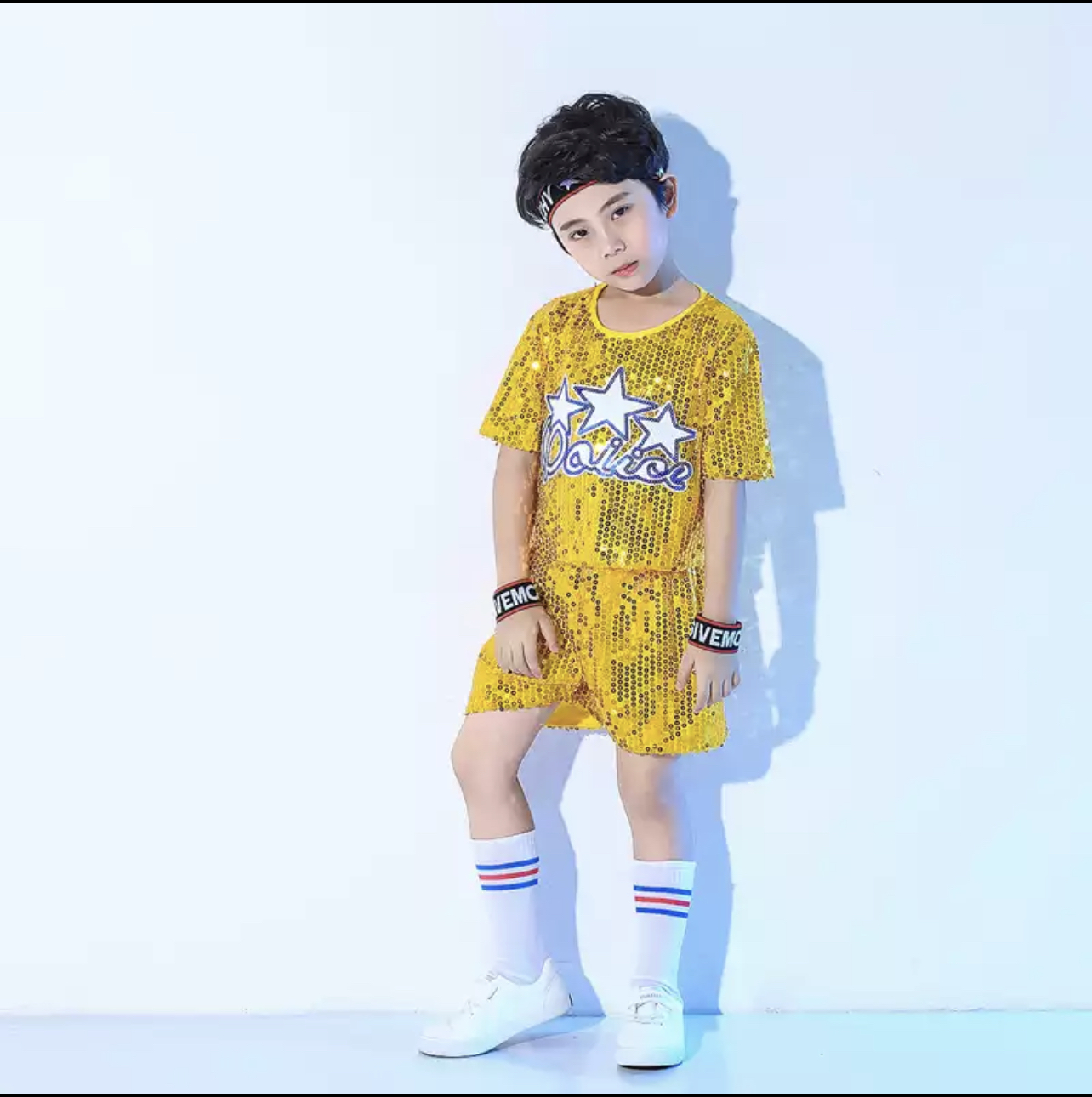 F ชุดเต้น ปักเลื่อม เซ็ตเสื้อ+กางเกง สีทอง+คาดผม