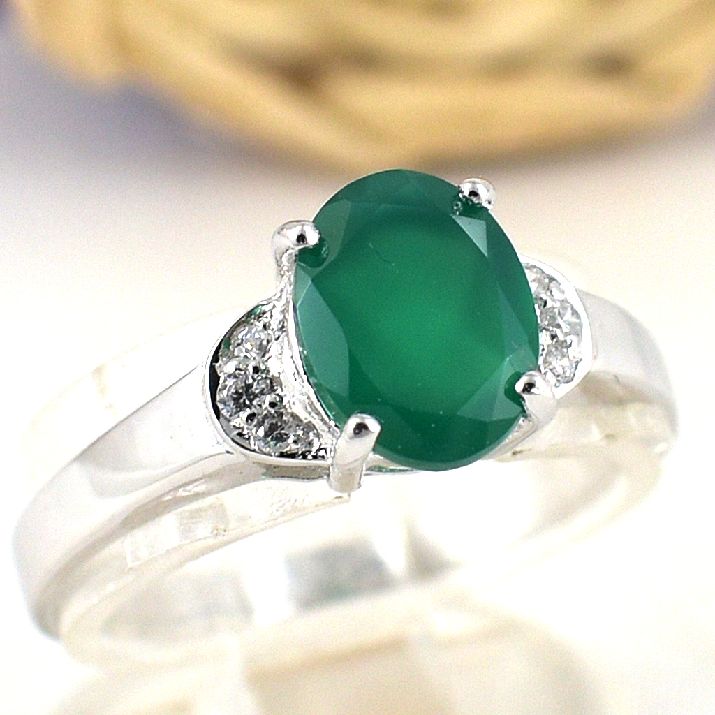 แหวนเงินแท้ราคาถูกชุบทองคำขาว พลอยแท้กรีนอะเกท 1.25 กะรัต เพชรCZ 0.05 กะรัต งานประณีตสวยงาม สั่งผลิตค่ะ