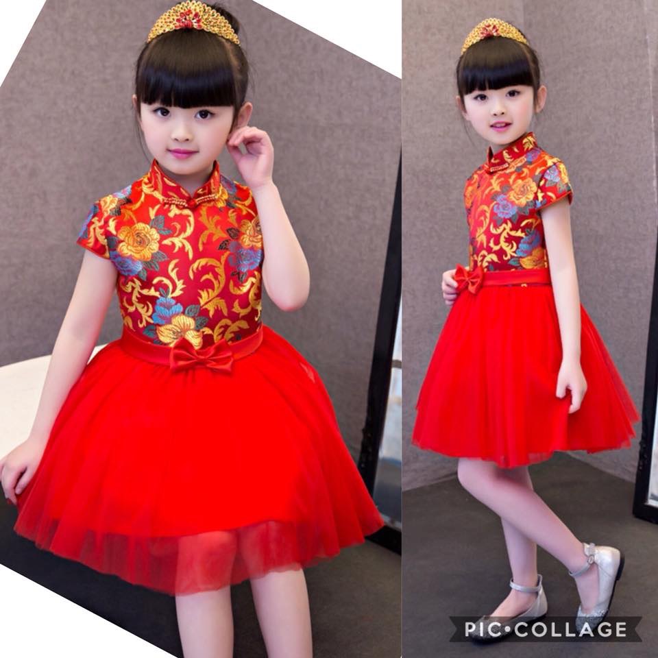 พร้อมส่ง ชุดจีน กี่เพ้า เดรสแขนสั้นแต่งลายมังกร ติดโบวสีแดง