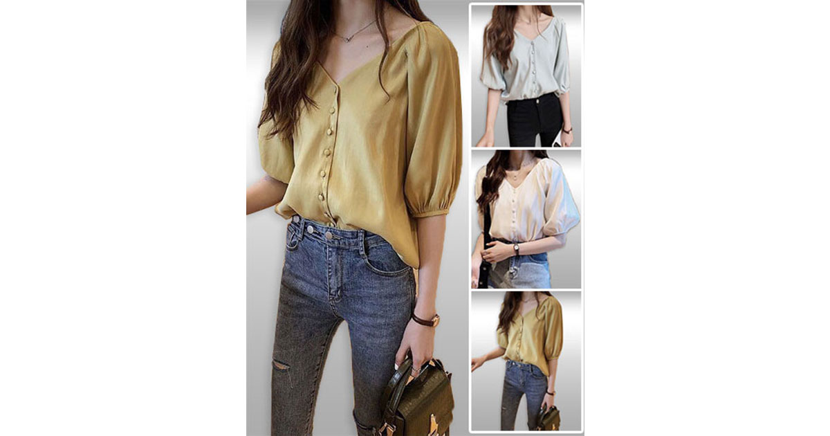 เสื้อแฟชั่นคอวีแบบสวยหวาน มี3สี รหัส2080