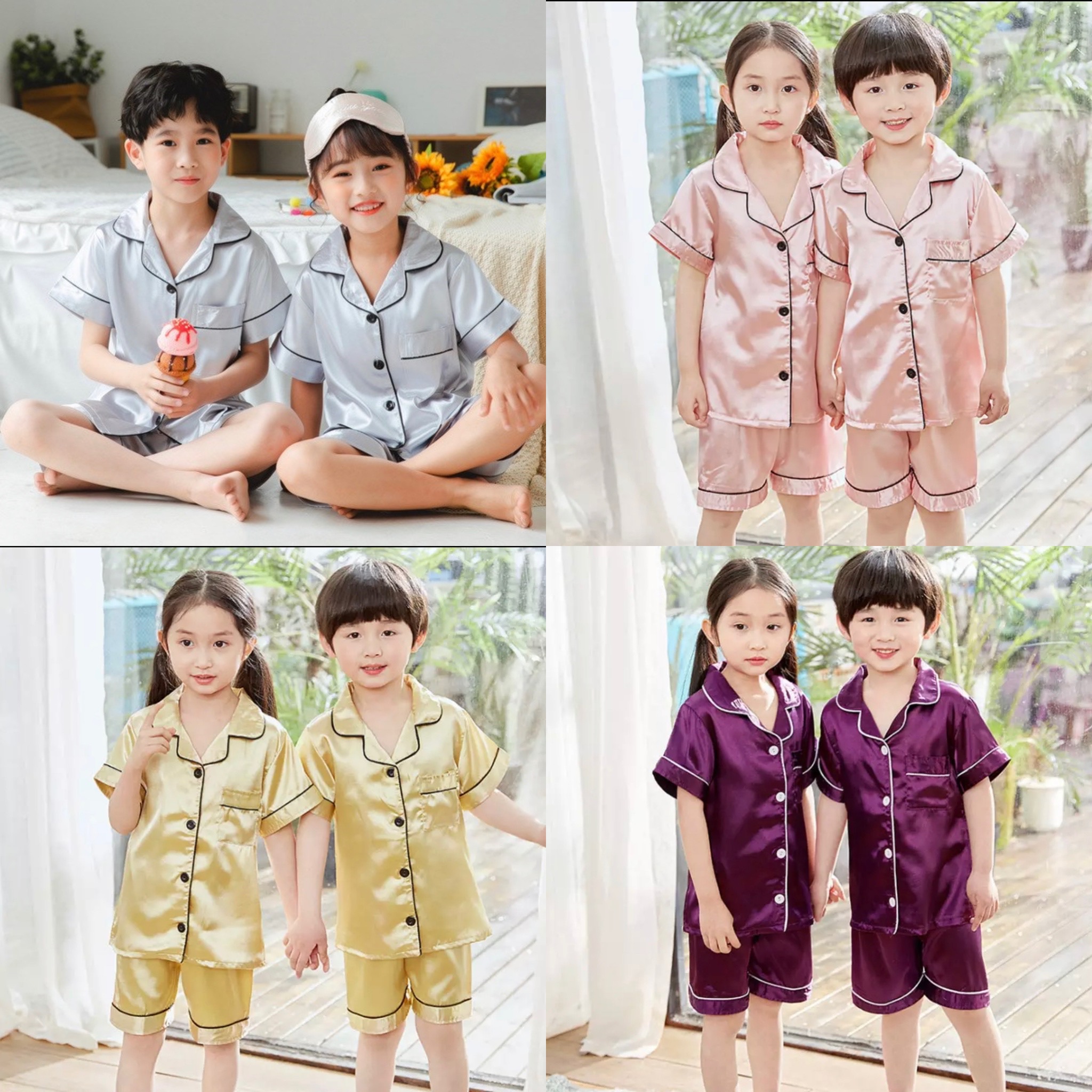 พร้อมส่ง ชุดนอนเด็ก ชุดนอนซาติ เซ็ท2ชิ้น เสื้อแขนสั้น+กางเกงขาสั้น