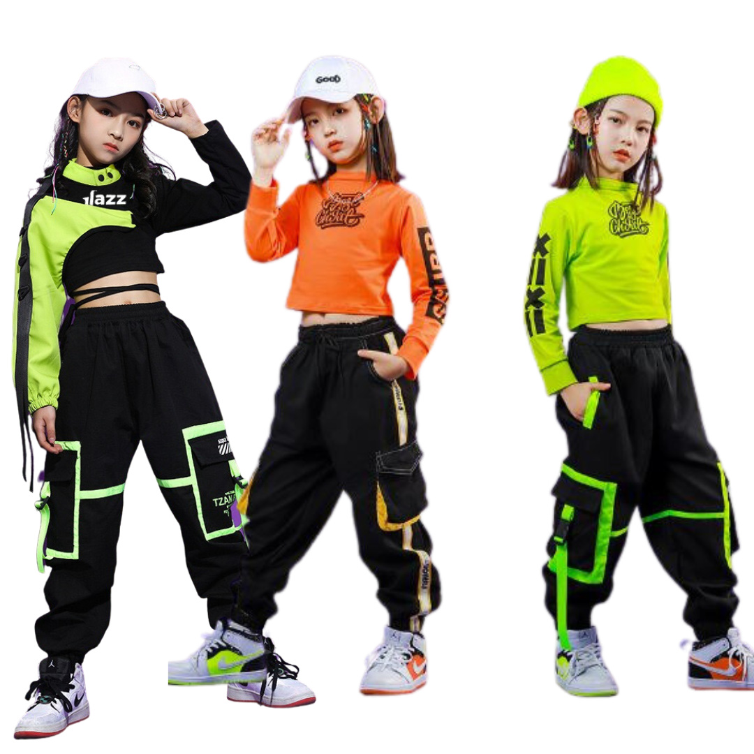 ชุดเต้น ชุดแดนซ์ ฮิปฮอป สีนีออน เสื้อสีดำ กางกงดำ