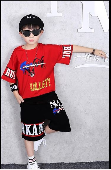 ชุดเต้น ฮิปฮอป เสื้อแขนสั้นขาวแดง+กางเกงดำ