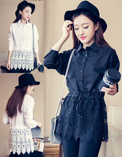 เสื้อเชิ๊ตคอปกแฟชั่น ดีไซน์เก๋ต่อลูกไม้ครึ้งล่าง มีเชือกรูดเอวมี 2 สี ขาว/ดำ
